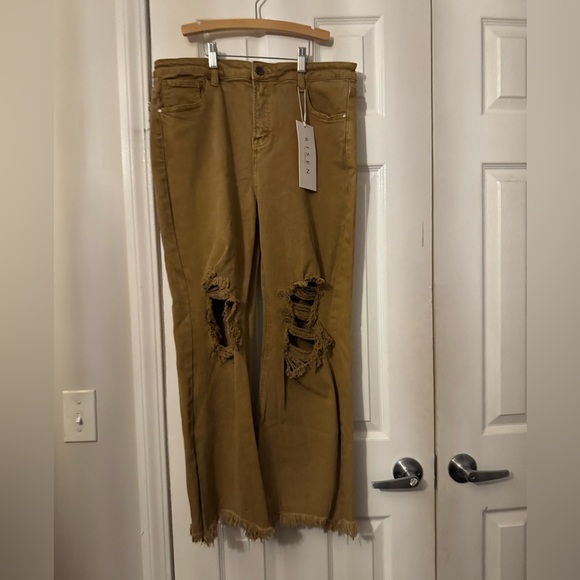 Risen Womens Distressed Ankle Flare Jeans High Rise brown Denim Frayed Hem Sz 15 - Picture 2 of 11